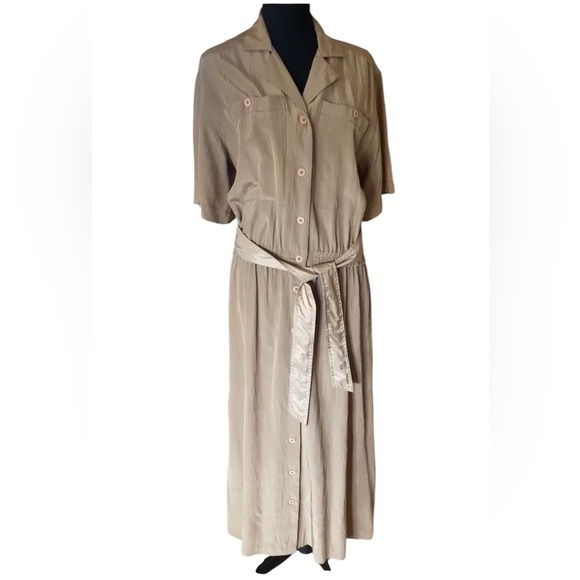Vintage Regina Porter Shirt Dress Elegant Brown Button-Down Midi Tri-Acetate (M) - Picture 6 of 13